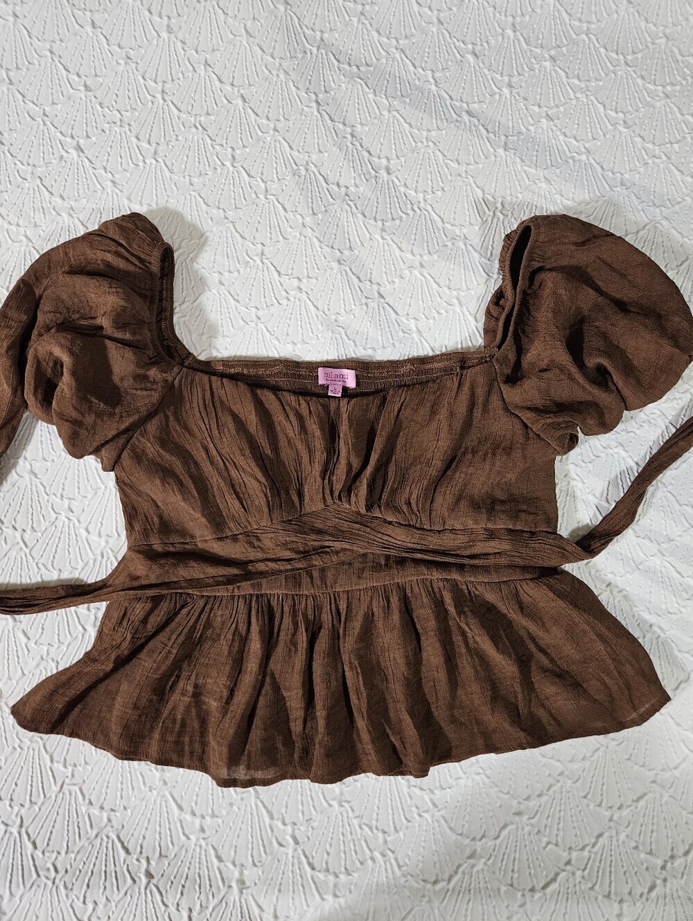 Francesca's mi ami Brown Puff-Sleeve Square Neck Blouse Size L